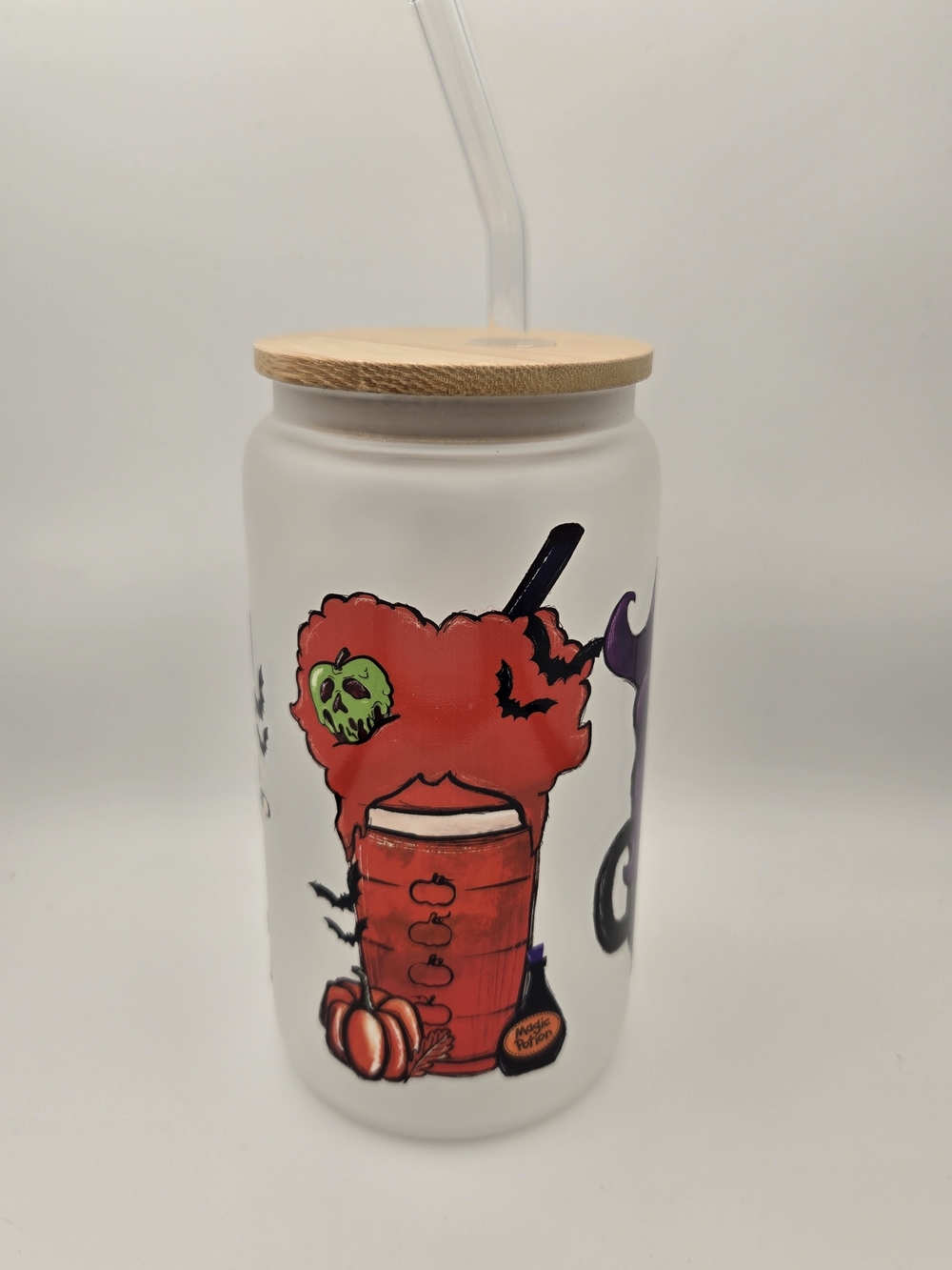 Frosted Halloween Glass Tumbler with Bamboo Lid and Straw - Red & Green Accents - Picture 1 of 5